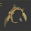 Fantasy Weapon with Circular Golden Bronze Metal Frame Feathered Wings Blue Gemstones and Spikes