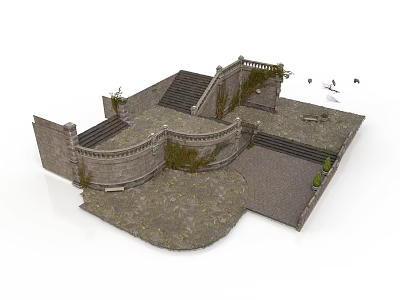 Stone Courtyard Scene Structure With Curved Railings Stone Steps And Textured Ground Surface 3d model
