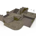 Stone Courtyard Scene Structure With Curved Railings Stone Steps And Textured Ground Surface