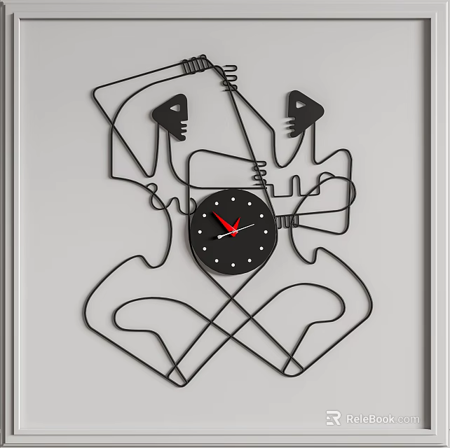 Abstract Black Wall Clock With Red Hands And Artistic Line Design On White Wall 3d model