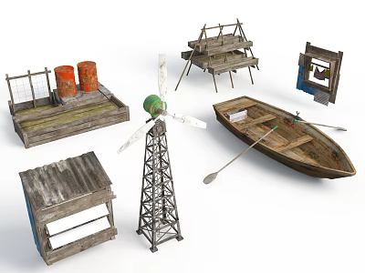 Assorted Vintage Rustic Wooden Items With Windmill Rowboat And Oil Drums 3d model