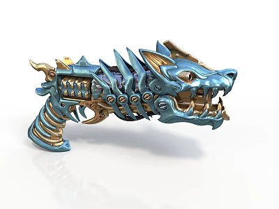 Intricate Wolf Head Design Weapon With Blue And Gold Mechanical Spikes And Gears 3d model
