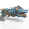 Intricate Wolf Head Design Weapon With Blue And Gold Mechanical Spikes And Gears