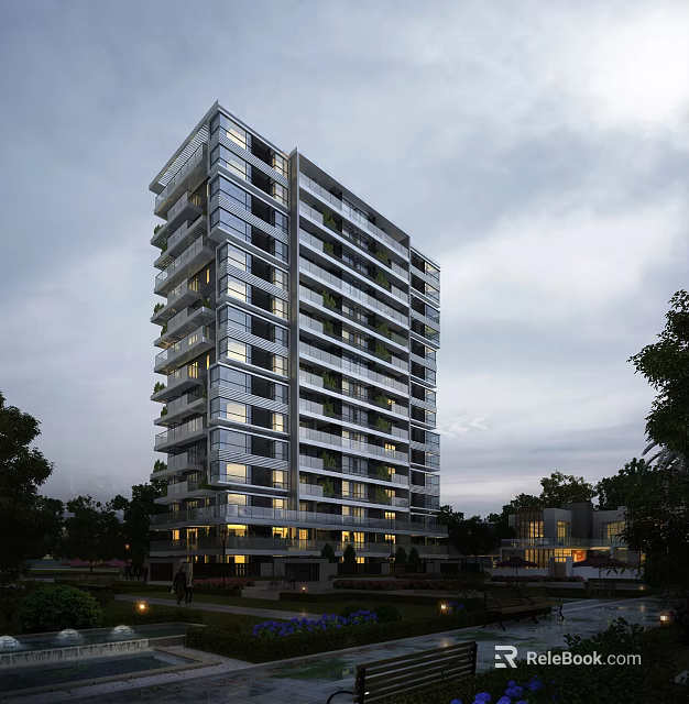 Modern High-Rise Apartment Building with Glass Curtain Walls Night View with Trees and Low-Rise Buildings 3d model 