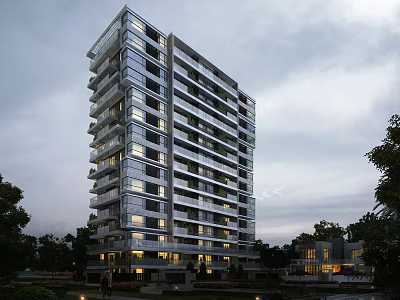 Modern High-Rise Apartment Building with Glass Curtain Walls Night View with Trees and Low-Rise Buildings 3d model