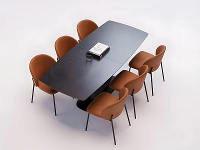 Modern Rectangular Black Dining Table Set With Six Orange Chairs And Tabletop Decor 3d model