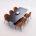 Modern Rectangular Black Dining Table Set With Six Orange Chairs And Tabletop Decor 3d model