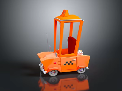 Orange Paper Model Taxi with TAXI Sign Red Seat and Glass Window on Reflective Surface 3d model