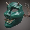 Green Traditional Mask With Horns Leather Straps And Decorative Facial Details