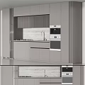 Modern Kitchen Interior With Gray Cabinets Marble Backsplash Brushed Copper Faucet And Built In Appliances