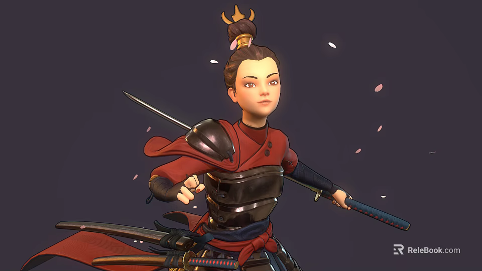 Warrior In Red Black Armor With Topknot Holding Long Sword Amid Falling Petals Dark Background 3d model 
