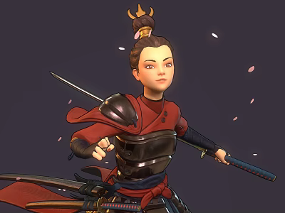 Warrior In Red Black Armor With Topknot Holding Long Sword Amid Falling Petals Dark Background 3d model