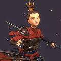Warrior In Red Black Armor With Topknot Holding Long Sword Amid Falling Petals Dark Background