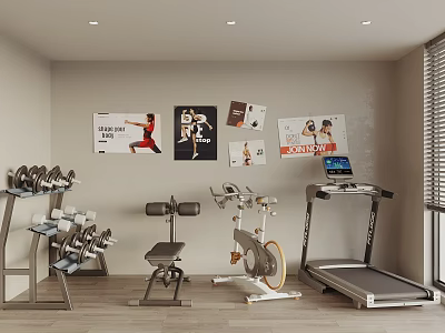 Home Gym Interior Equipped With Fitness Gear And Workout Posters 3d model