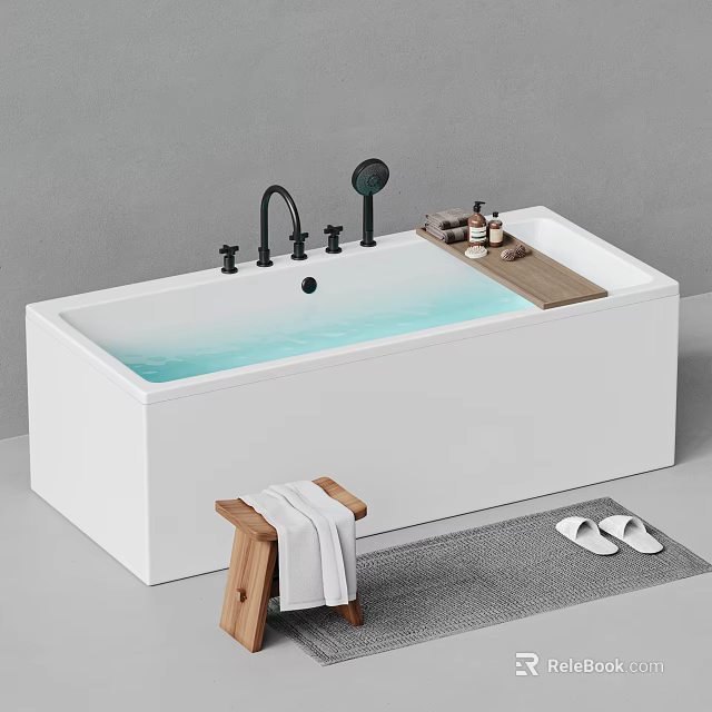 White Freestanding Bathtub With Black Faucet Showerhead Wooden Tray Toiletries Wooden Stool Towel And Slippers 3d model 
