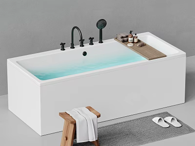 White Freestanding Bathtub With Black Faucet Showerhead Wooden Tray Toiletries Wooden Stool Towel And Slippers 3d model