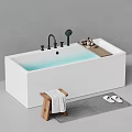 White Freestanding Bathtub With Black Faucet Showerhead Wooden Tray Toiletries Wooden Stool Towel And Slippers