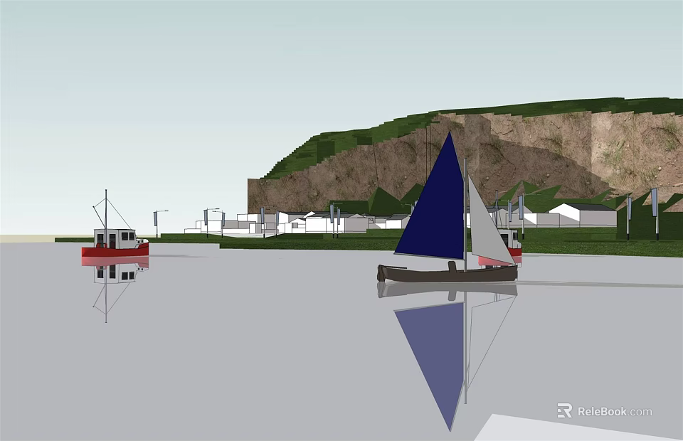 Scenic Coastal View With Sailboat Red Boat Cliff Buildings And Calm Water Reflections 3d model 