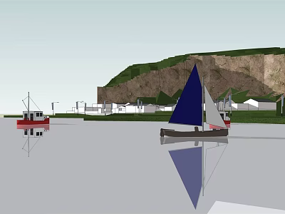 Scenic Coastal View With Sailboat Red Boat Cliff Buildings And Calm Water Reflections 3d model