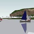 Scenic Coastal View With Sailboat Red Boat Cliff Buildings And Calm Water Reflections