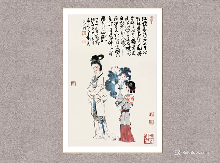Traditional Chinese Figure Painting With Ancient Female Figures In Traditional Attire And Calligraphic Inscriptions 3d model 