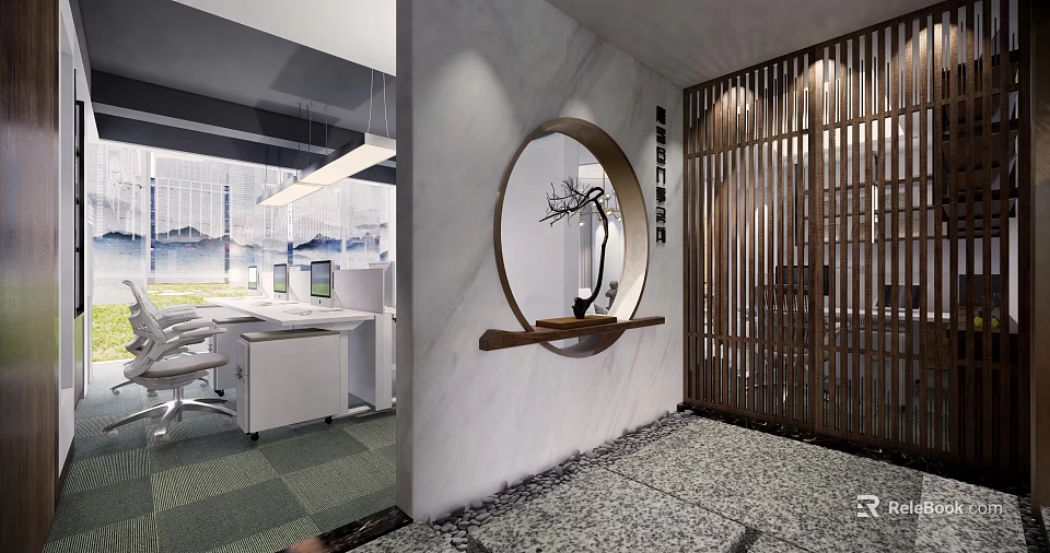 Public Office Space Open Layout Marble Wall Round Mirror Wooden Screen Work Desks Computers Greenery 3d model