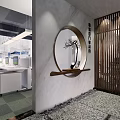Public Office Space Open Layout Marble Wall Round Mirror Wooden Screen Work Desks Computers Greenery 3d model