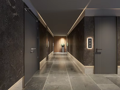 Modern Public Restroom Corridor With Dark Walls And Stone Flooring 3d model