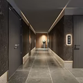 Modern Public Restroom Corridor With Dark Walls And Stone Flooring