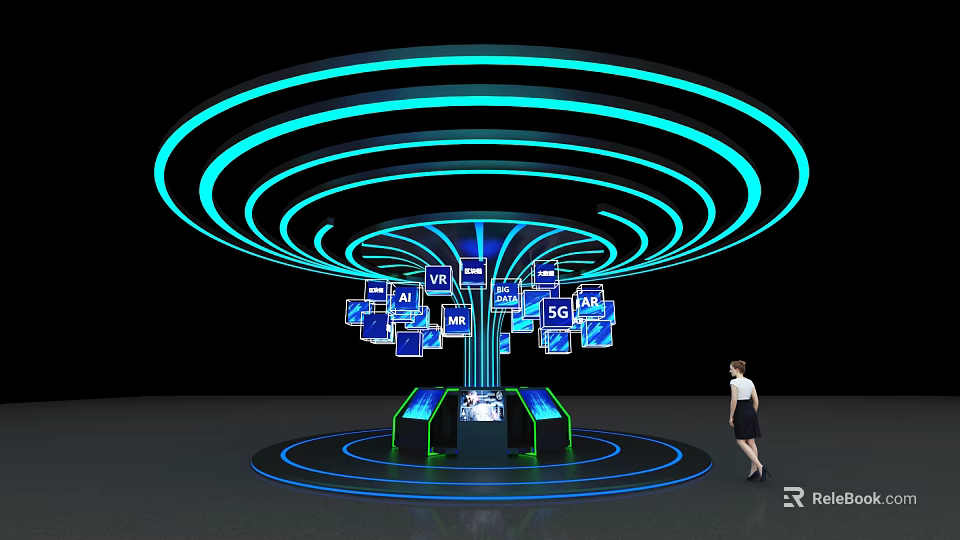 Modern Exhibition Display Shelves With Blue Circular Lights And VR 5G AI Screens 3d model 