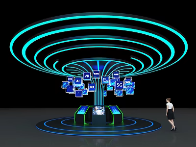Modern Exhibition Display Shelves With Blue Circular Lights And VR 5G AI Screens 3d model