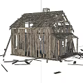 Dilapidated Wooden House Structure With Collapsed Roof And Scattered Planks