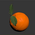 Fresh Ripe Orange With Green Leaves On Dark Shiny Background