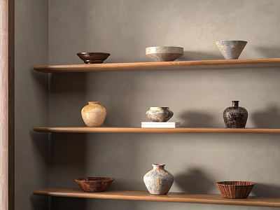 Ceramic Vessels Displayed on Wooden Shelves Against Gray Wall with Rustic Natural Shapes and Colors 3d model