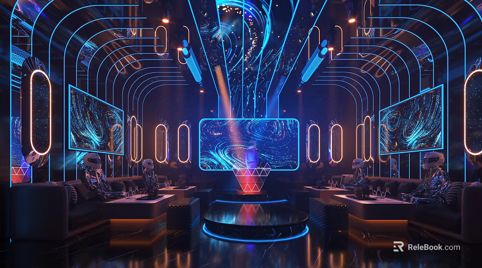 Modern KTV Lounge Interior With Neon Lights Large Screen And Comfortable Sofas 3d model 