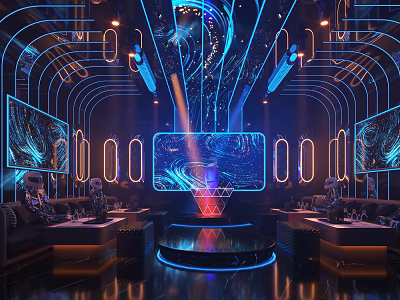 Modern KTV Lounge Interior With Neon Lights Large Screen And Comfortable Sofas 3d model