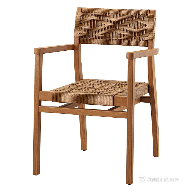 Elegant Single Chair With Natural Wood Frame Rattan Seat And Wooden Armrests Design 3d model 
