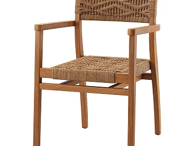 Elegant Single Chair With Natural Wood Frame Rattan Seat And Wooden Armrests Design 3d model