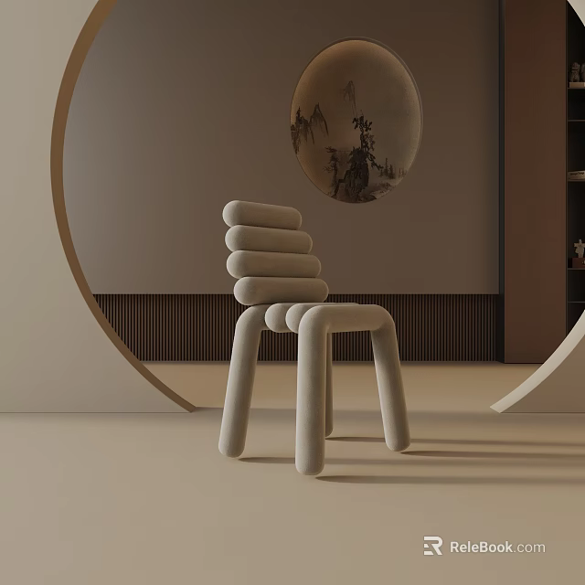 Minimalist Modern Beige Dining Chair with Stackable Design and Circular Decorative Elements and Chinese Painting 3d model 