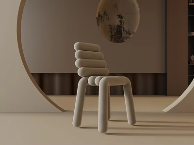 Minimalist Modern Beige Dining Chair with Stackable Design and Circular Decorative Elements and Chinese Painting 3d model