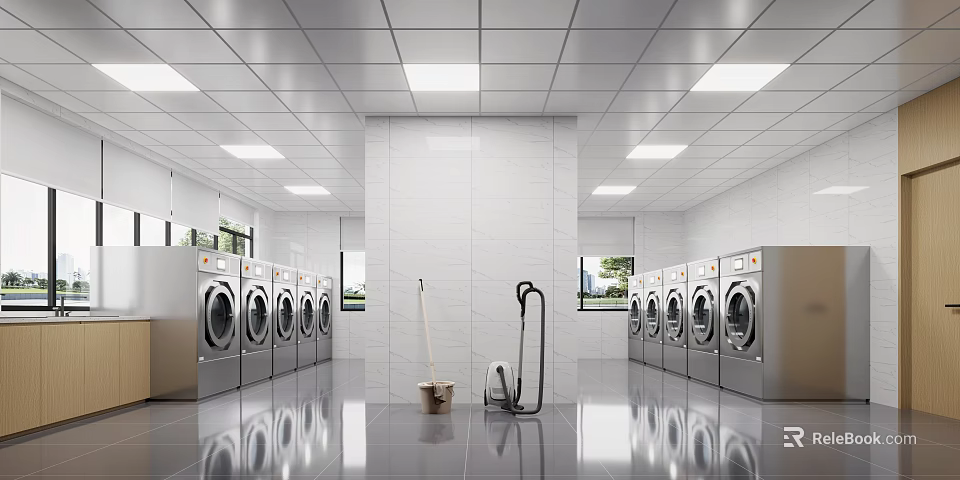 Modern Clean Laundry Room With Multiple Washing Machines Mop Vacuum Cleaner And Shiny Floor 3d model 