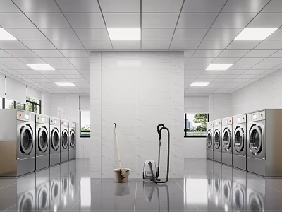 Modern Clean Laundry Room With Multiple Washing Machines Mop Vacuum Cleaner And Shiny Floor 3d model