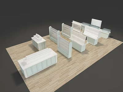 Modern Mall Store Interior With White Display Counters Wooden Flooring And Multiple Display Shelves 3d model