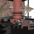 Modern Restaurant Interior With Red Brick Walls Cylindrical Column And Tall Pampas Grass Plants