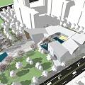 Modern Sales Office Building Featuring Glass Walls Sloped Roof Landscaped Grounds And People Walking