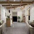 Warm Café Interior Design With Wooden Beams Staircase And Rattan Decor