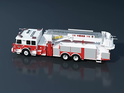 Red and White Fire Truck Model with Extended Ladder and Rescue Equipment 3d model