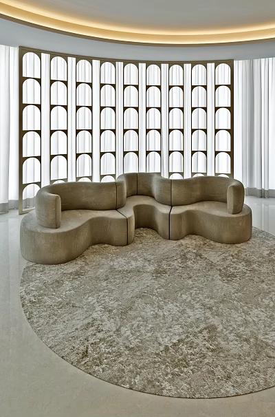 Modern Irregular Shaped Sofa With Modular Curved Sections Neutral Rug And Circular Wall Pattern 3d model