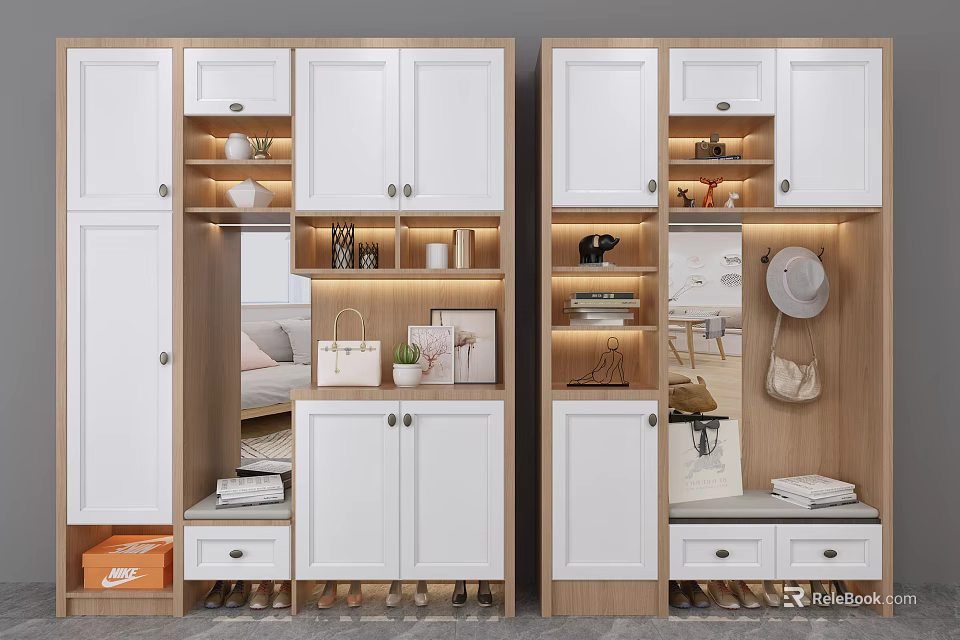 Modern Shoe Cabinet Interior Design With Multiple Compartments Drawers And Mirror 3d model