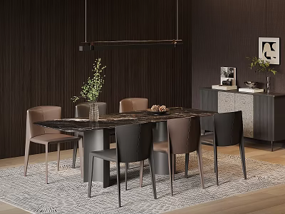 Modern Dining Table Set With Marble Top Chairs Pendant Light And Wooden Wall 3d model